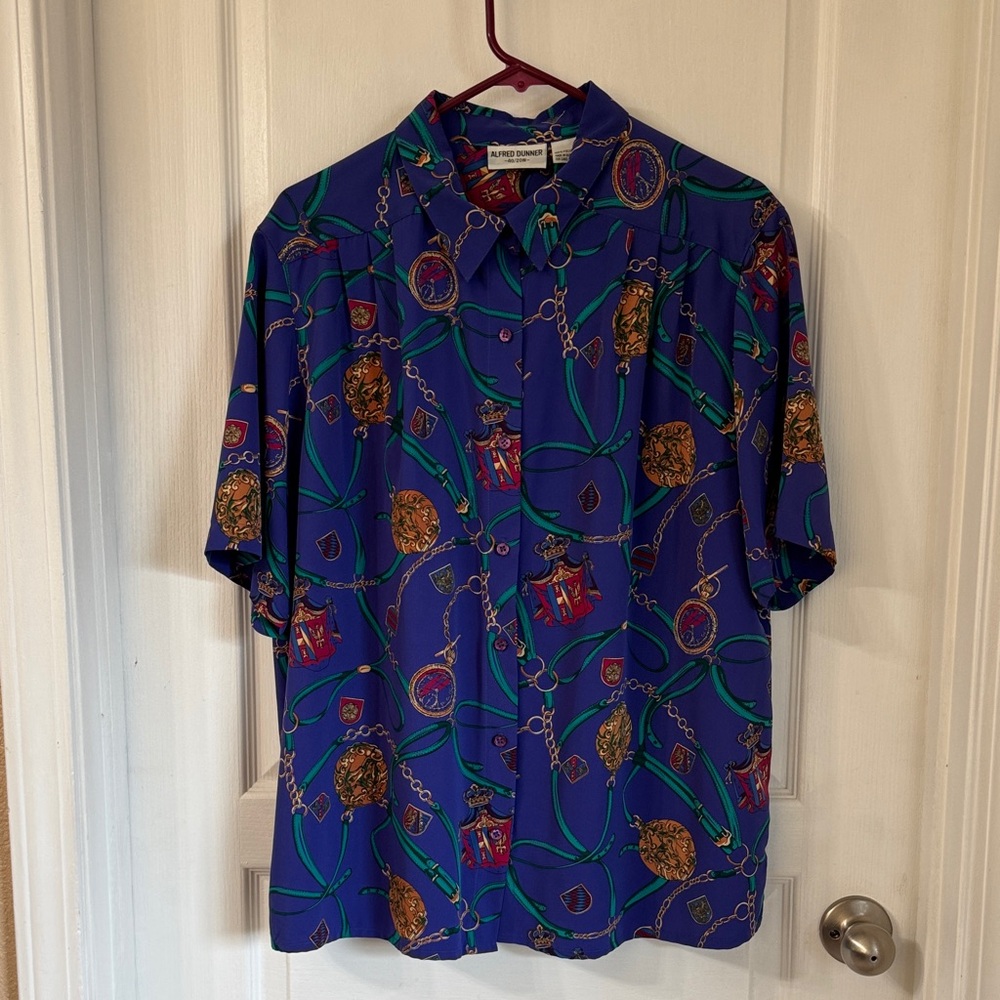Alfred Dunner Blue and Gold Patterned Button Down Shirt